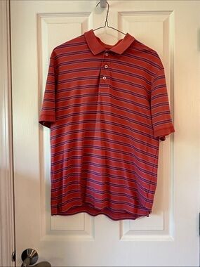 🔥4/$45🔥Lands' End Red Polo with Navy and Light Blue Stripes